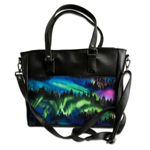 handmade tote bag featured in back and northern lights faux leather with dual strap