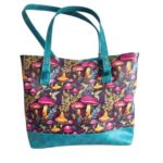 tote bag featuring a teal and mushroom faux leather