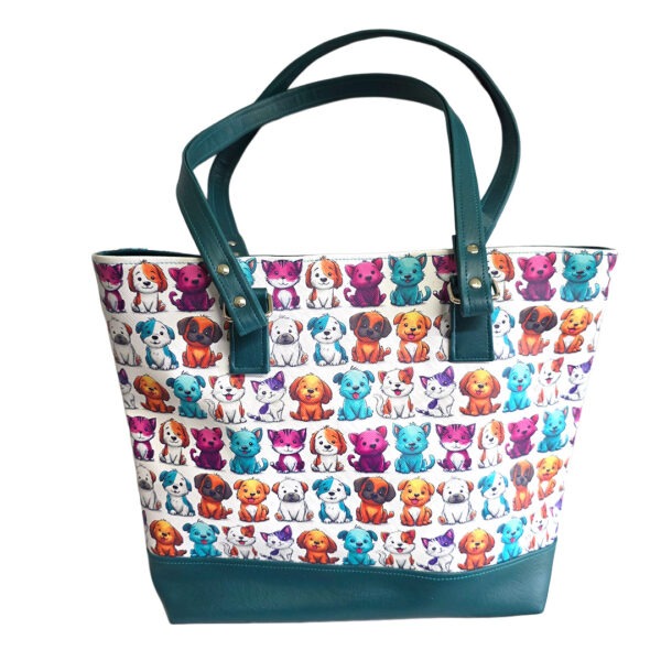 tote bag with colorful puppies and teal accents