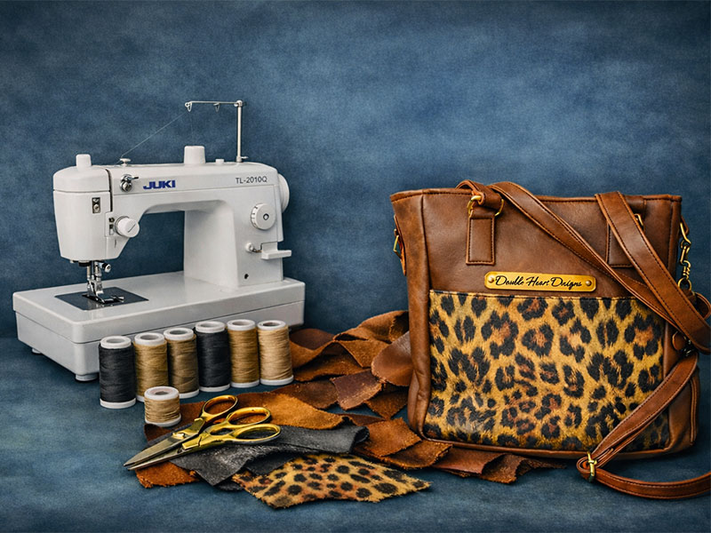 homemade handbag with sewing machine and thread